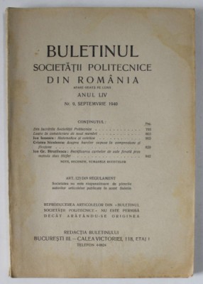 BULETINUL SOCIETATII POLITECNICE DIN ROMANIA , NR. 9 , 1940 , CONTINE SI PAGINI CU RECLAME * foto