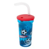 Pahar cu capac si pai pentru bauturi,minge fotbal,plastic,albastru,400 ml, Oem