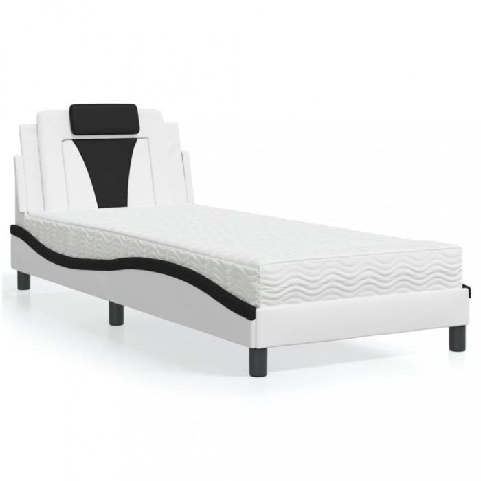 vidaXL Pat cu saltea, alb și negru, 90x190 cm, piele ecologică 3208767