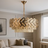 Candelabru Auriu Cristal, 10 Becuri E27, Design Modern Geometric