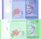 Bancnota Malaezia 1 si 5 Ringgit ( 2021) - P51c/52c UNC ( set x2 polimer )