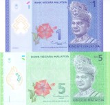 Bancnota Malaezia 1 si 5 Ringgit ( 2021) - P51c/52c UNC ( set x2 polimer )