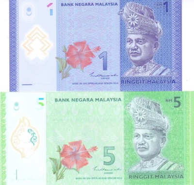 Bancnota Malaezia 1 si 5 Ringgit ( 2021) - P51c/52c UNC ( set x2 polimer ) foto