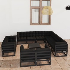 vidaXL Set mobilier de grădină cu perne12 piese, negru, lemn masiv pin 3077003