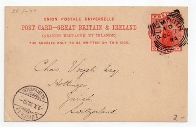 Great Britain 1893 Postcard Plymouth Squared Circle on Card to Switzerland D.295 foto