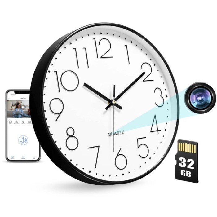 Camera spion in Ceas de perete iUni W31, 32GB, Wi-Fi, Full HD, Senzor de miscare, Alb-Negru