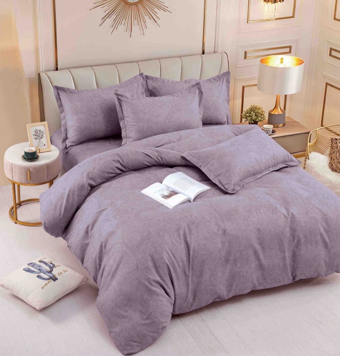 Lenjerie pat dublu,bumbac finet,6 piese,cearceaf cu elastic,mov cu motiv floral-A782