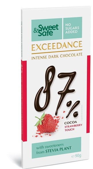 Ciocolata &quot;exceedance&quot; amaruie 87% cu capsuni si indulcitor din stevie 90gr