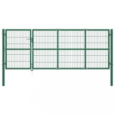 Poartă gard de grădină cu st&acirc;lpi, verde, 350 x 120 cm, oțel