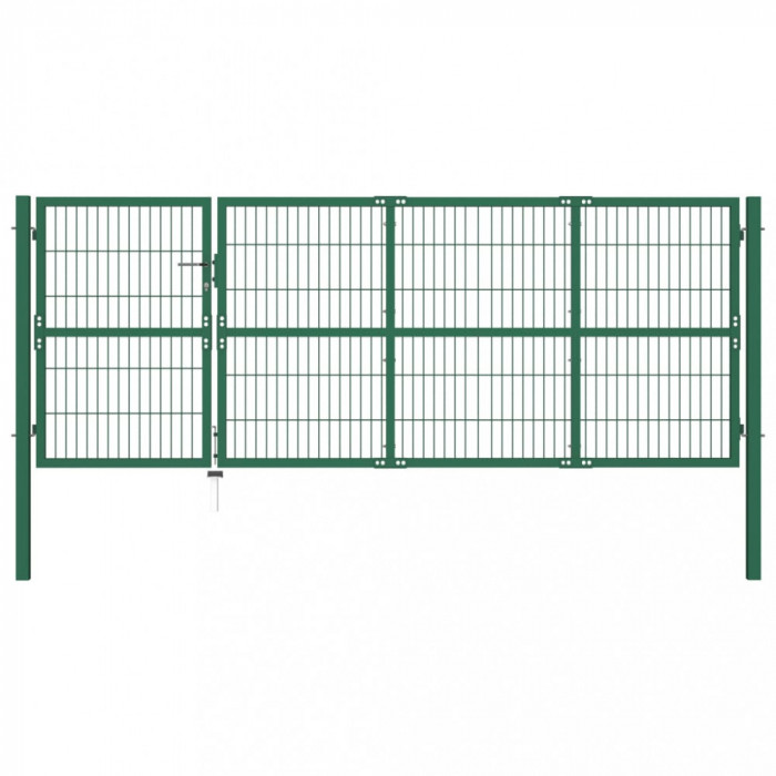 vidaXL Poartă gard de grădină cu st&acirc;lpi, verde, 350 x 120 cm, oțel