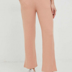 Roxy pantaloni femei, culoarea roz, drept, high waist