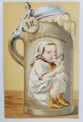 GRUSS VON HINTERPOMMERN - CARICATURA , COPIL ASCUNS IN HALBA , STAND PE OLITA , CROMOLITOGRAFIE , EMBOSATA , TIP CARTE POSTALA , CLASICA foto