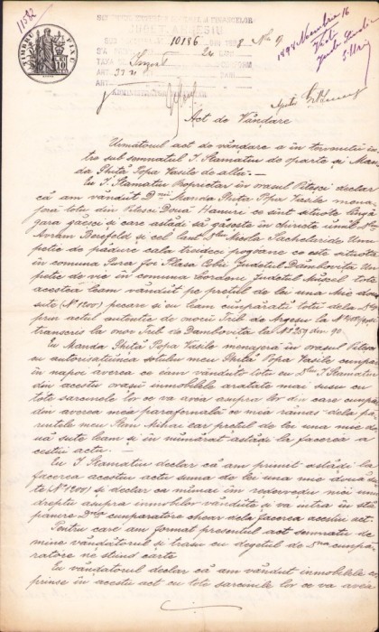 A2737N Act de cumpărare &icirc;napoi de către v&acirc;nzător a unor hanuri, pădure, vie etc, 1898, Pitești, semnat de cumpărător prin punerea degetului