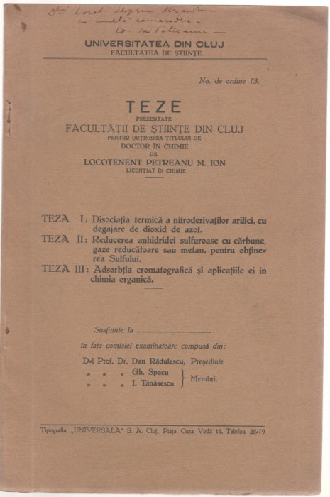 Universitatea Cluj - Teza doctorat chimie - Petreanu M. Ion - autograf
