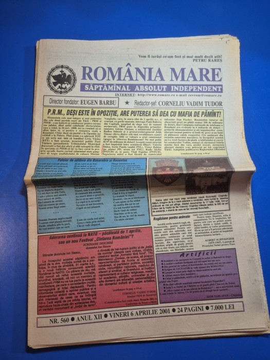 ziarul romania mare 6 aprilie 2001 - redactor sef corneliu vadim tudor