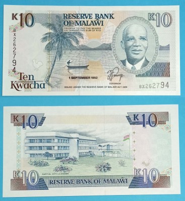 Malawi 10 Kwacha 1992 &amp;#039;Banda&amp;#039; UNC serie: BX262794 p#25 foto