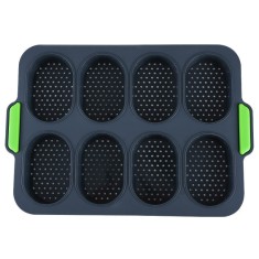 Forme de Silicon pentru Copt, Cyrax, 8 Forme Ovale, pentru Paine si Prajituri, 34.5 x 23.8 x 2.5 cm, Negru/Verde