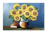 Cumpara ieftin Tablou 60x40cm pictat manual ulei pe panza, Vaza cu floarea soarelui si carte, Constantin Feraru