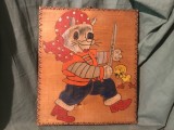 Pirogravura pentru perete in stil retro perioada comunista realizata manual pisica imbracata ca un pirat !
