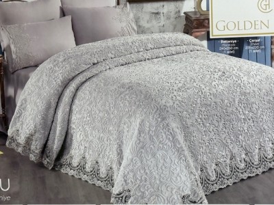 Set Lenjerie + Cuvertura de lux Matlasata cu broderie Eleganta 6 piese Gri foto
