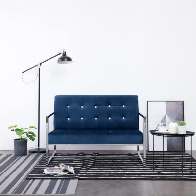 vidaXL Canapea cu 2 locuri cu brațe, albastru, crom și catifea foto