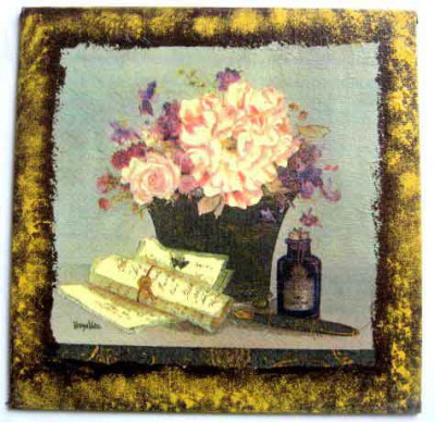 Buchet de flori in vaza, pergamente si o sticla, tablou pe panza 26046 foto