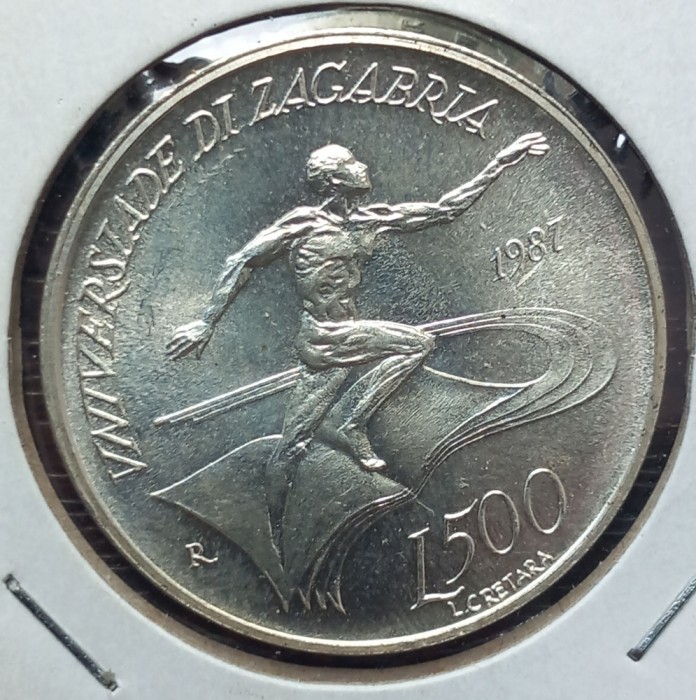 (A370) MONEDA ARGINT SAN MARINO - 500 LIRE 1987, JOCURILE UNIVERSITATII ZAGREB