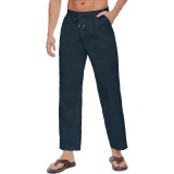 Pantaloni din in pentru bărbați, talie largă, fit lejer, vară, cu șnur de ajustare și buzunare, S