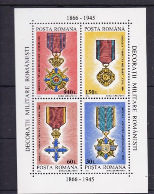ROMANIA 1994 LP 1366 DECORATII MILITARE ROMANESTI 1866/1945 BLOC DANTELAT MNH foto
