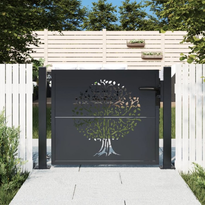 vidaXL Poartă pentru grădină, antracit, 105x80 cm, oțel, design copac 153154
