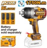 Filetanta cheie cu Impact 20V 3/4" 1750Nm Brushless, cu 3 Tubulare, fara acumulator INGCO CIWLI201751