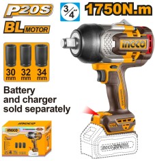 Filetanta cheie cu Impact 20V 3/4" 1750Nm Brushless, cu 3 Tubulare, fara acumulator INGCO CIWLI201751