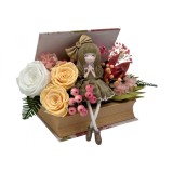 Aranjament floral personalizabil, Eventissimi, cutie cadou, carte, balerina, trandafiri criogenati si plante uscate multicolor