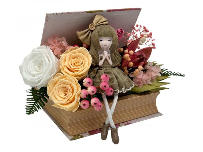 Aranjament floral personalizabil, Eventissimi, cutie cadou, carte, balerina, trandafiri criogenati si plante uscate multicolor