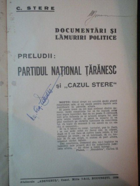 DOCUMENTARI SI LAMURIRI POLITICE de C. STERE, BUC. 1930