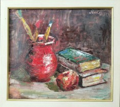 Muntean-Oala roşie cu pensule, natură statică (1975), pictură &icirc;n ulei