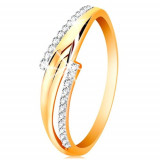 Inel din aur de 14K, brațe ondulate, bicolore, linii cu zirconii transparente - Marime inel: 59