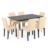 Set Sufragerie Verona 150 6+1 Masa Dreptunghiulara 150cm Negru 6 Scaune Piele Sintetica Bej Leziter