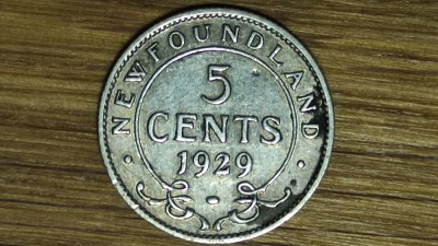 Newfoundland provincie Canada - bijuterie argint sterling - 5 cents 1929 XF/AU - George V - rara, tiraj 300k foto