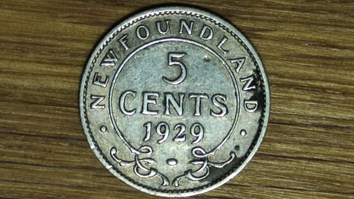 Newfoundland provincie Canada - bijuterie argint sterling - 5 cents 1929 XF/AU - George V - rara, tiraj 300k
