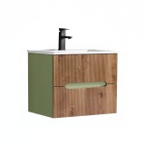 Leziter Trent Dulap de Bază Baie 60cm cu Chiuvetă Ceramica, 2 Sertare, Soft-Close, Suspendat Pistachio Green-Sunset Oak