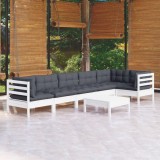 Cumpara ieftin Gossi set mobilier de gradina cu perne, 7 piese, alb, lemn de pin