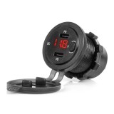 Incarcator auto impermeabil AMiO cu 2x USB-C si voltmetru digital 12V/24V