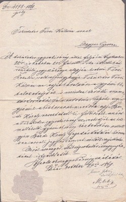 A3774N Act emis &amp;icirc;n privința unui suspect de Scaunul de judecată al comitatului Solnocul Interior, 1869, cu sigiliu aplicat ca timbru sec, lb maghiară foto