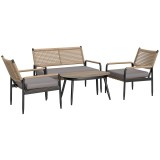 Outsunny Set de mobilier de grădină din rătan Set de lounge cu canapea dublă, fotoliu, masă cu geam, perne pentru 4 persoane, Gri &icirc;nchis+Galben | Aoso
