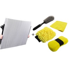 Set detailing auto, laveta microfibre, manusi, burete, perie pentru jante + Parasolar auto retractabil, 150 x 70 cm, 4 ventuze, rezistent UV