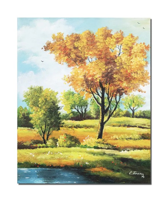 Tablou pictat manual hol, living, dormitor, Peisaj din natura, calmitate, 50x40cm ulei pe panza