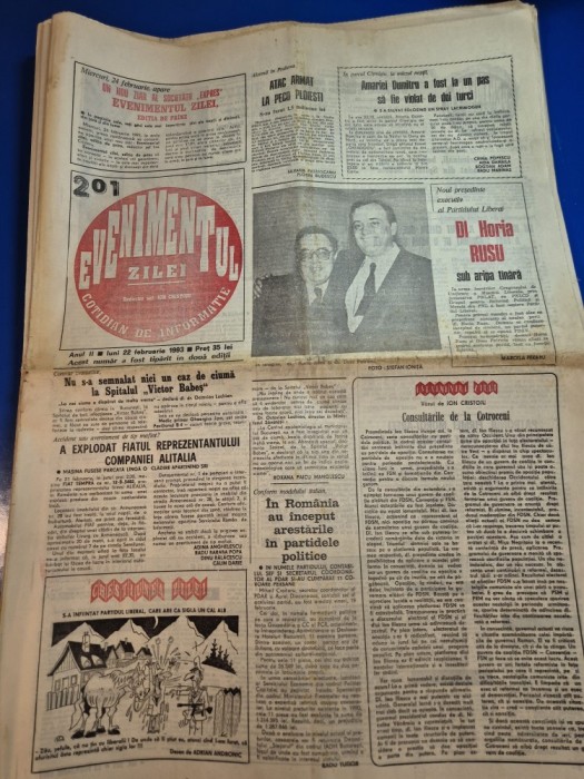 ziarul evenimentul zilei 22 februarie 1993 - sorin cartu,cornel dinu ,petre roman