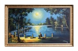 Cumpara ieftin Tablou inramat scena linistita la malul apei, in lumina lunii, cu un pescar stand pe un ponton, pictat manual, 100x60cm ulei pe panza, Constantin Fera