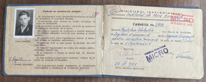 QW13 6 27 - 1955 - Carnet student - Institutul de mine Bucuresti